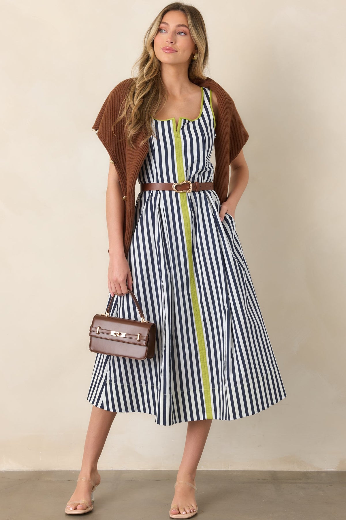 All Smiles Navy & Chartreuse Stripe Cotton Midi Dress