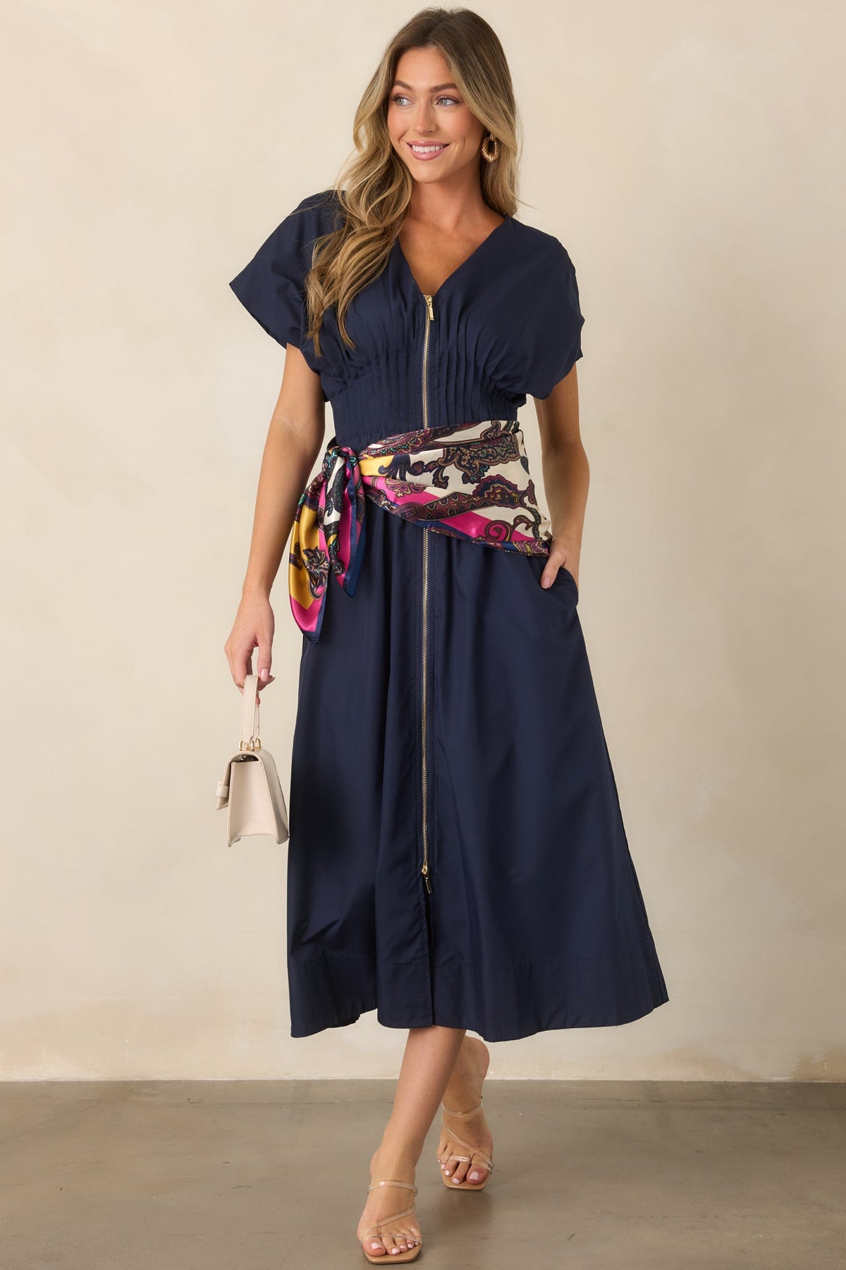 Let It Be Easy Navy Smocked Waist Zip Maxi Dress
