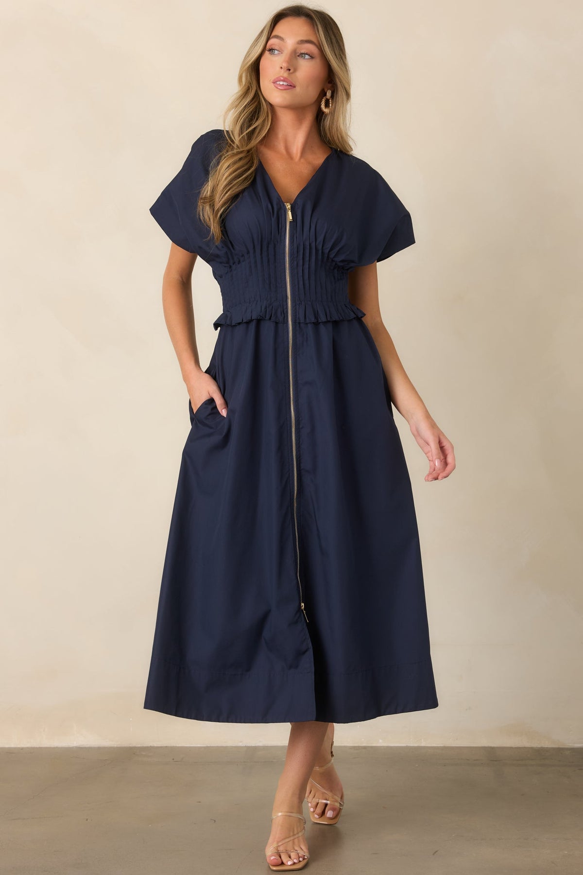 Let It Be Easy Navy Smocked Waist Zip Maxi Dress