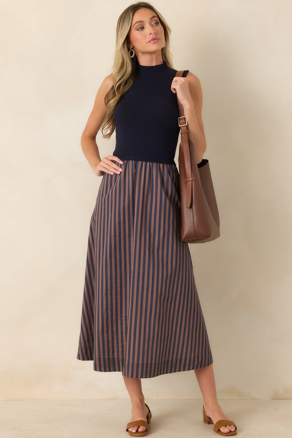 That's More Like It Navy & Tan Stripe Sweater Midi Dress