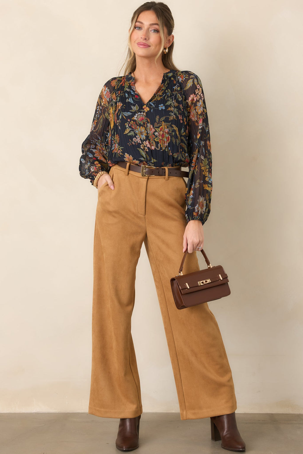 Under Evening Skies Navy Multi Floral Pleated Blouse