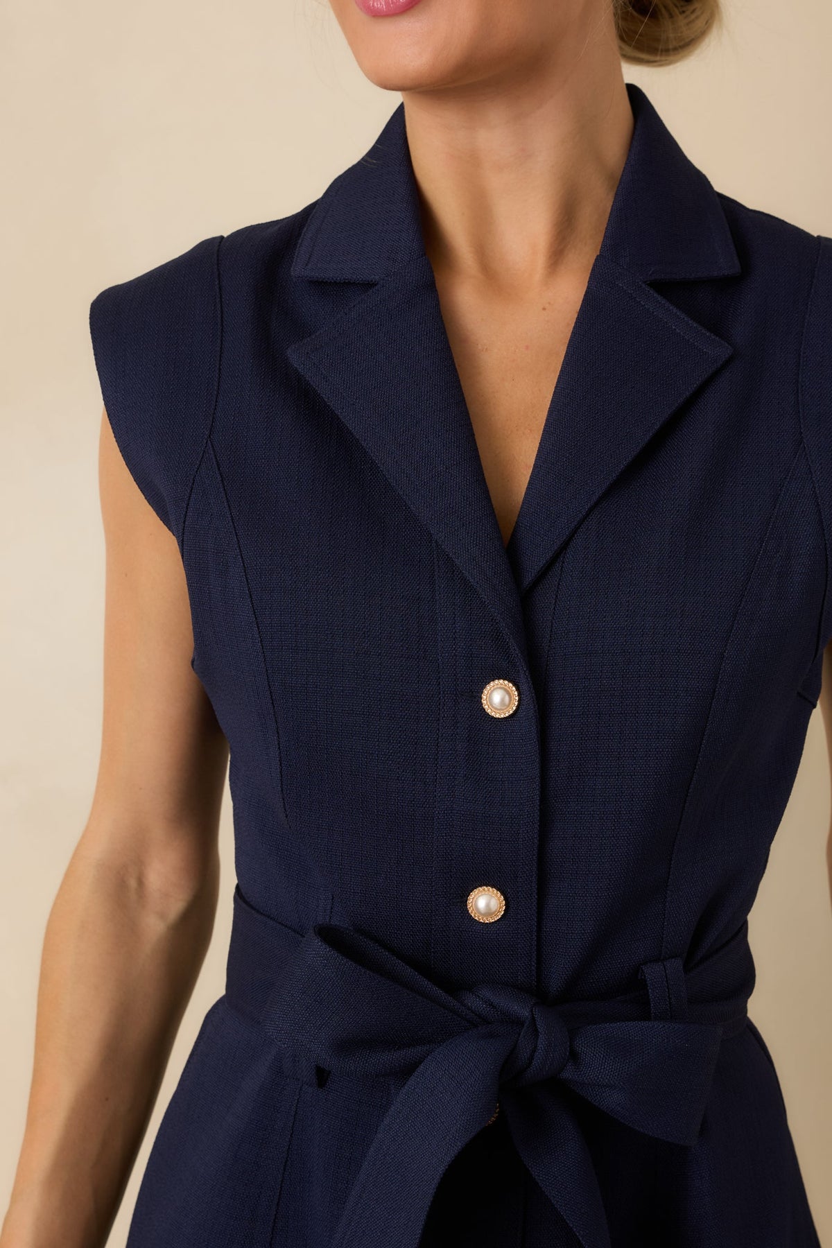 Prosperina Jackie Navy Blue Belted Button Front Mini Dress