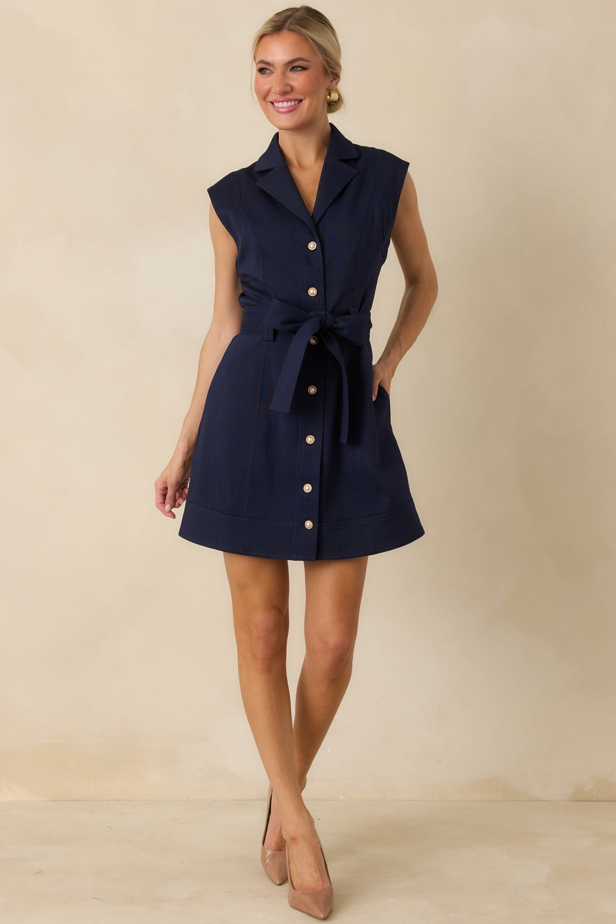 Prosperina Jackie Navy Blue Belted Button Front Mini Dress