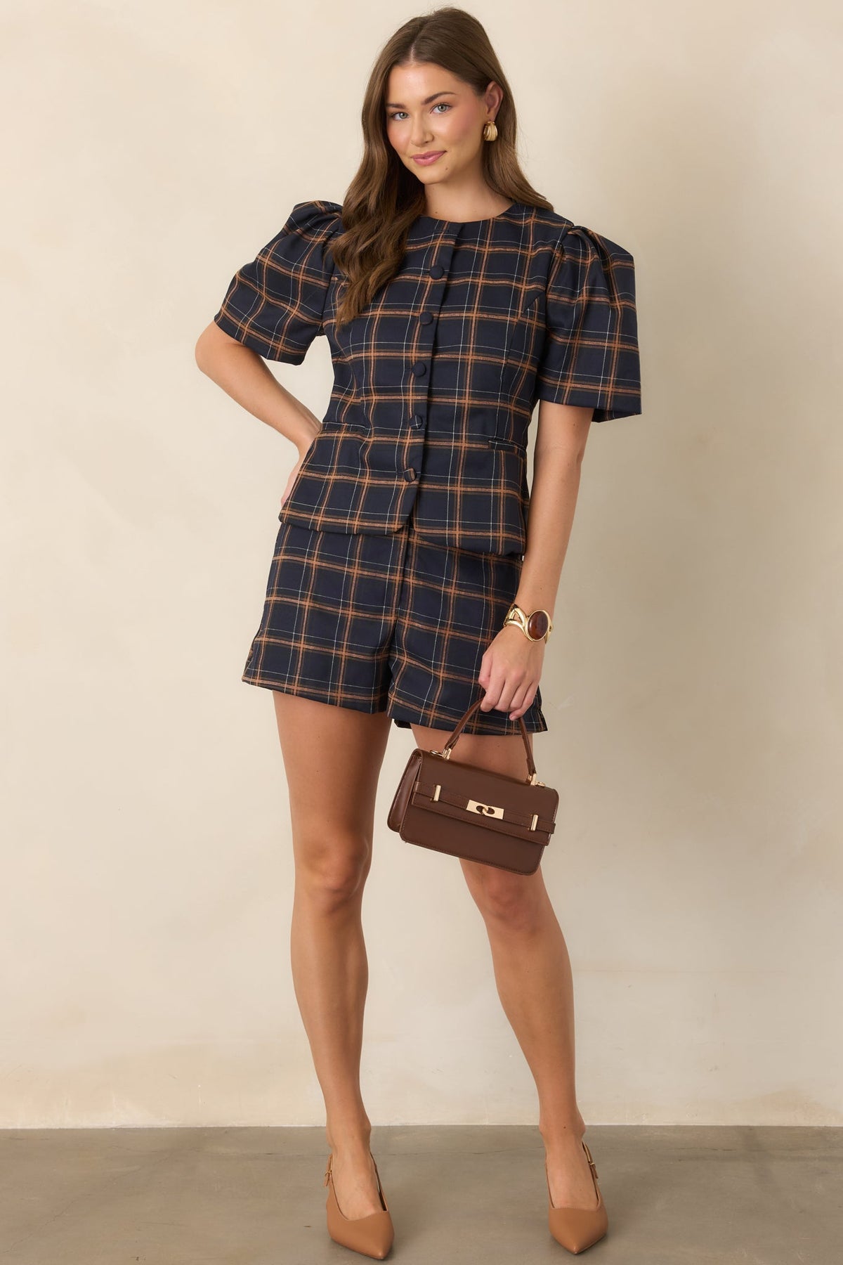The Proper Sort Navy & Camel Plaid Puff Sleeve Top