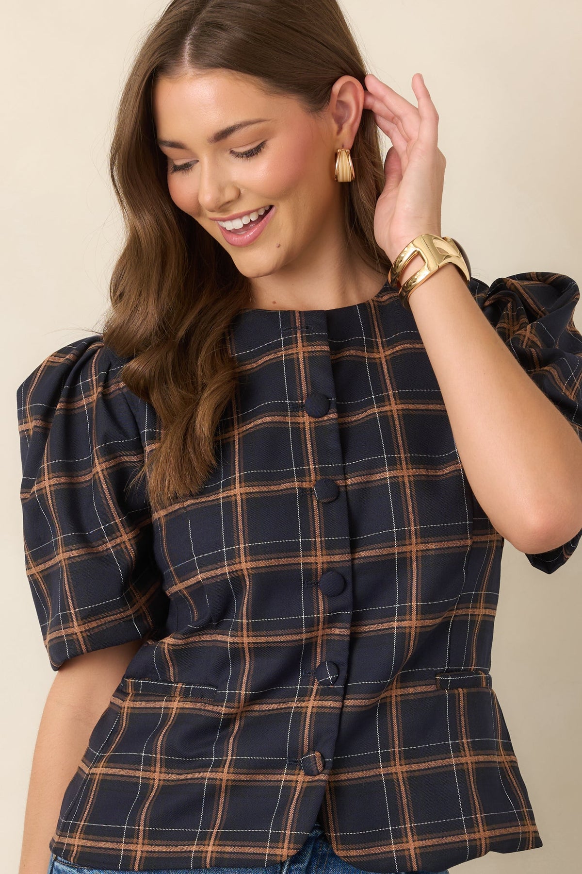 The Proper Sort Navy & Camel Plaid Puff Sleeve Top