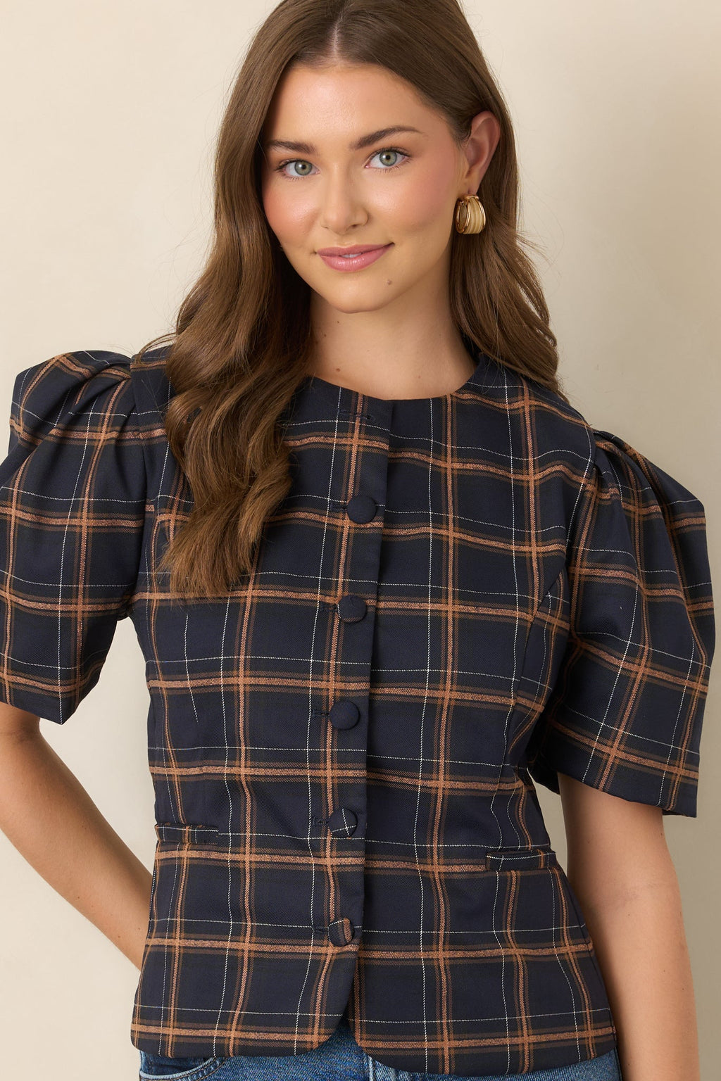 The Proper Sort Navy & Camel Plaid Puff Sleeve Top