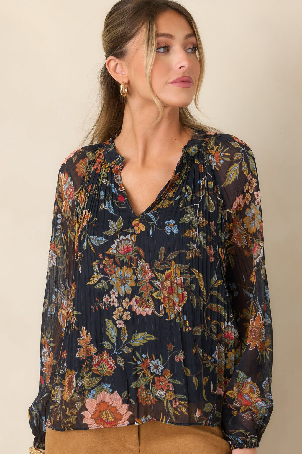 Under Evening Skies Navy Multi Floral Pleated Blouse