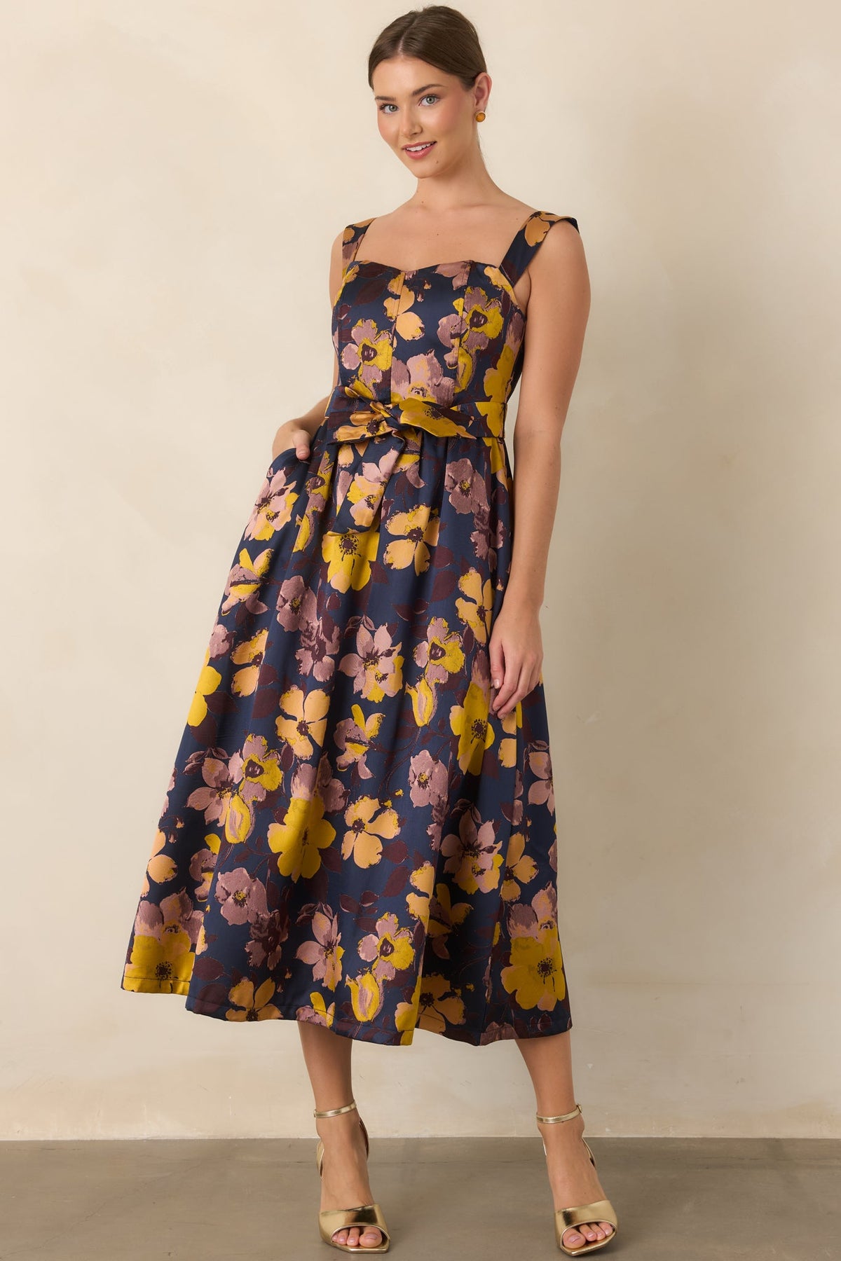 A Formal Arrangement Navy & Marigold Floral Tie-Waist Midi Dress