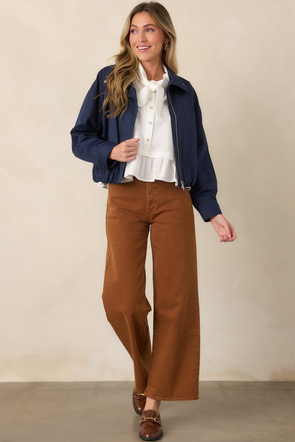 Smooth Finish Navy Blue Zip Up Bomber Jacket