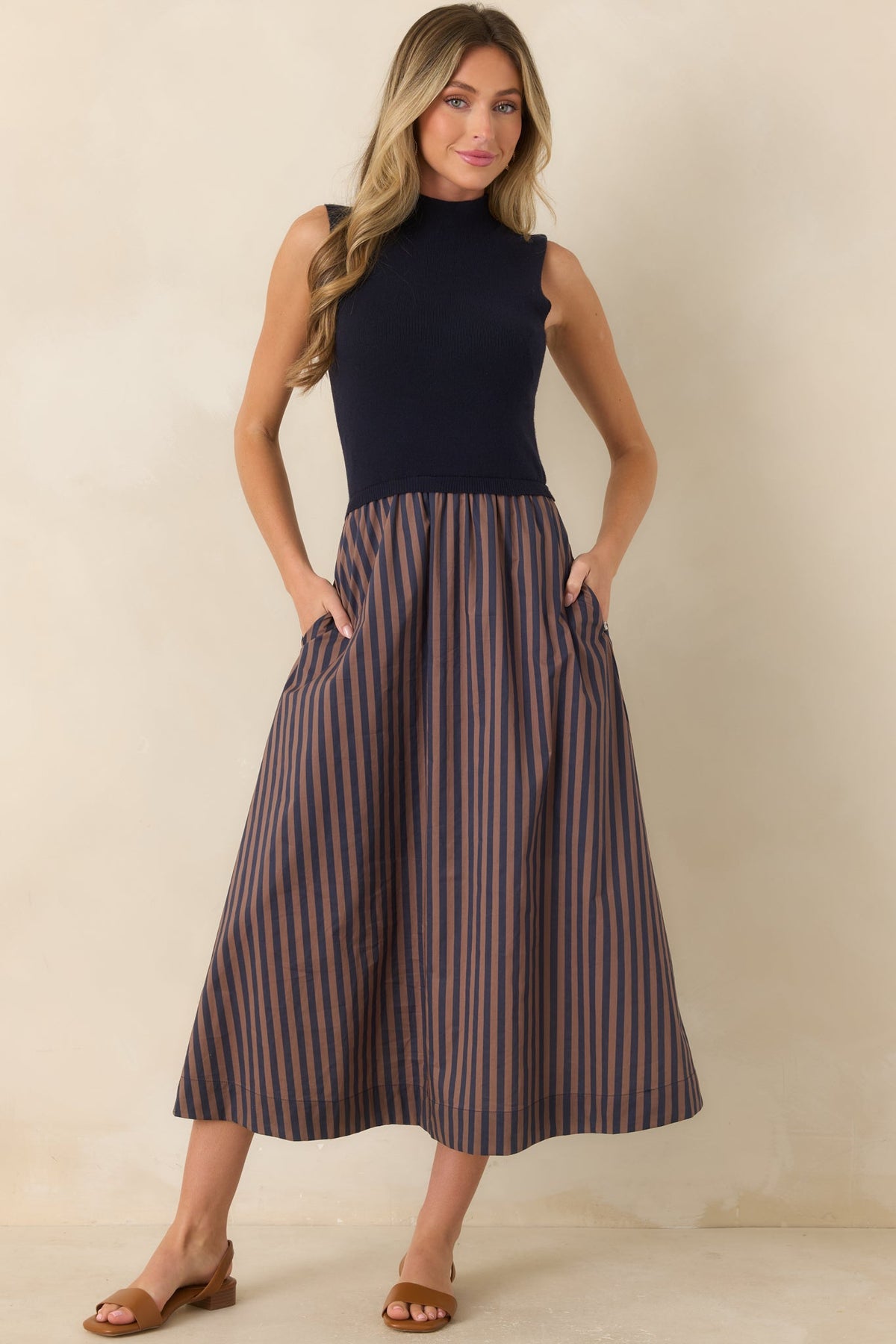 That's More Like It Navy & Tan Stripe Sweater Midi Dress
