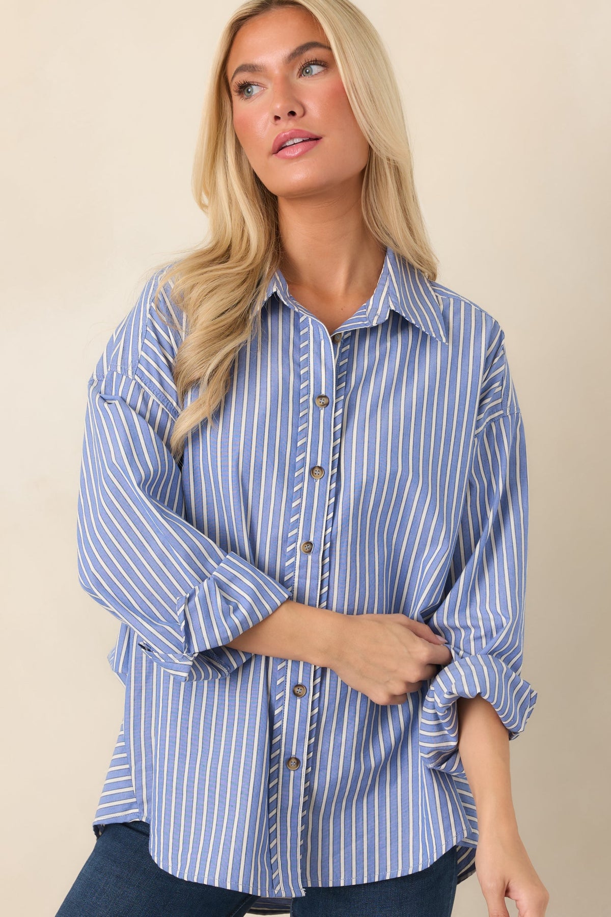 Just What You Wanted Navy Stripe Cotton Button Up Shirt