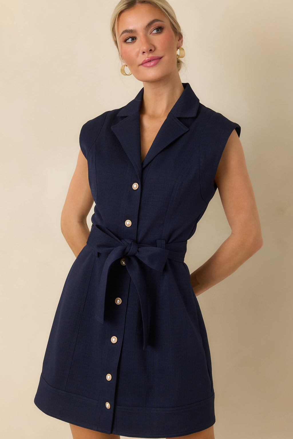 Prosperina Jackie Navy Blue Belted Button Front Mini Dress