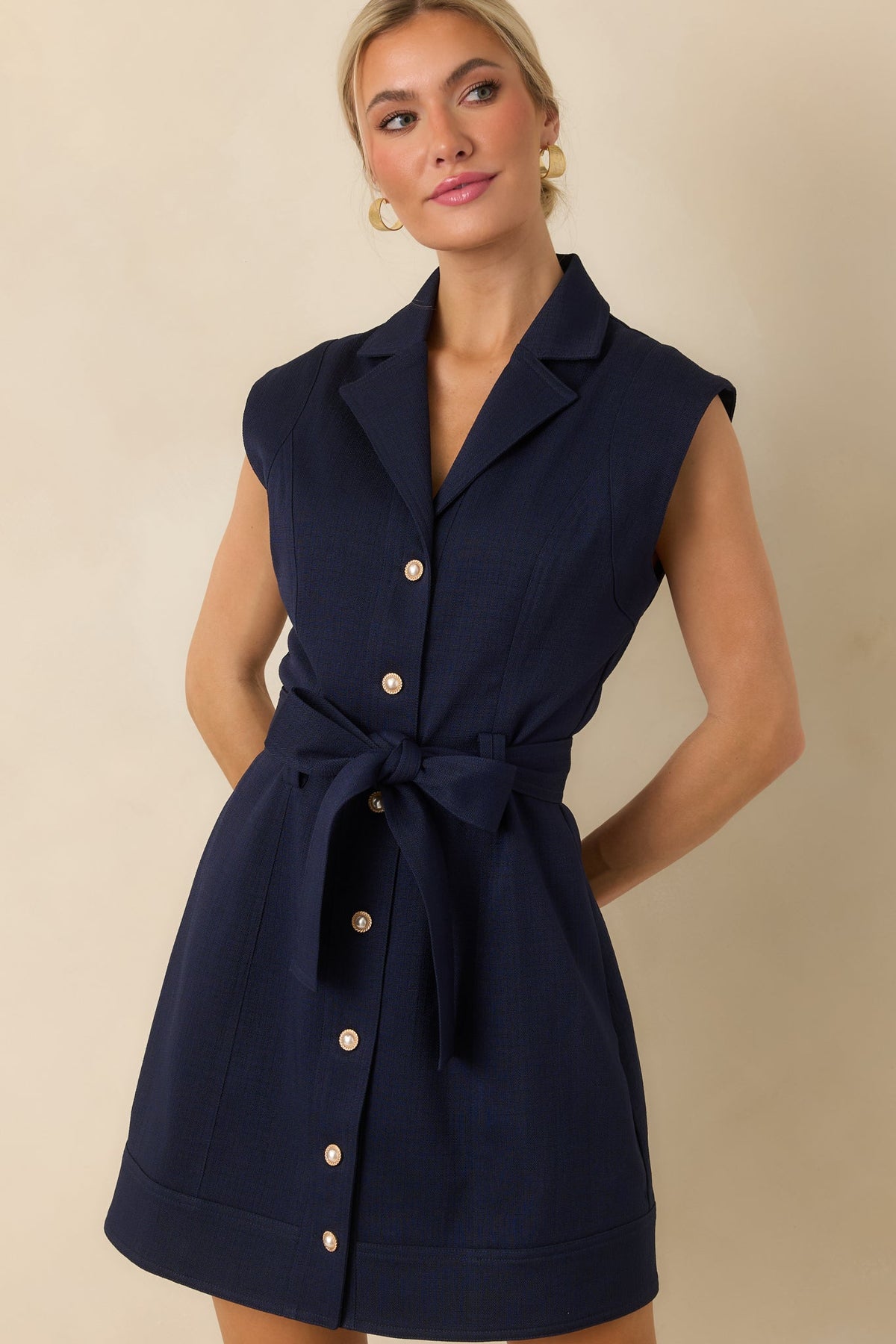 Prosperina Jackie Navy Blue Belted Button Front Mini Dress