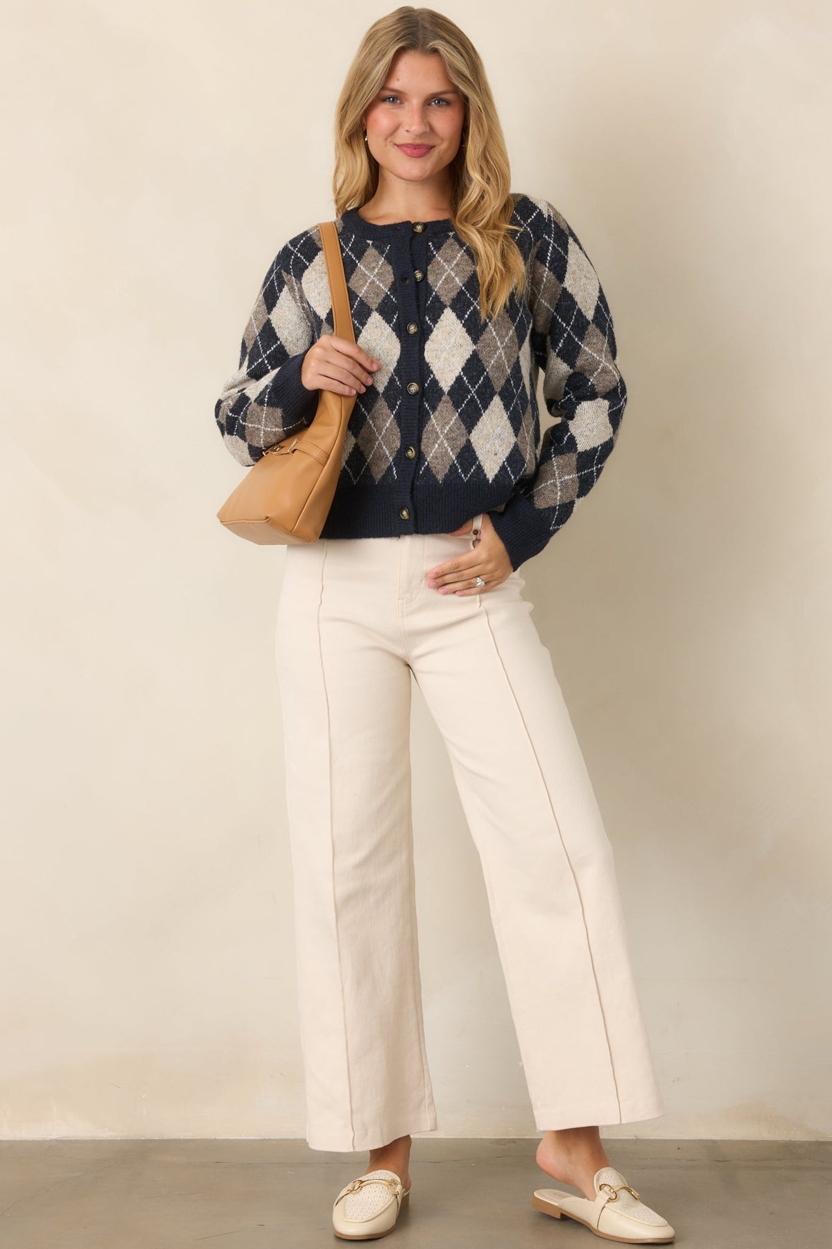First in Class Navy Multi Argyle Knit Cardigan