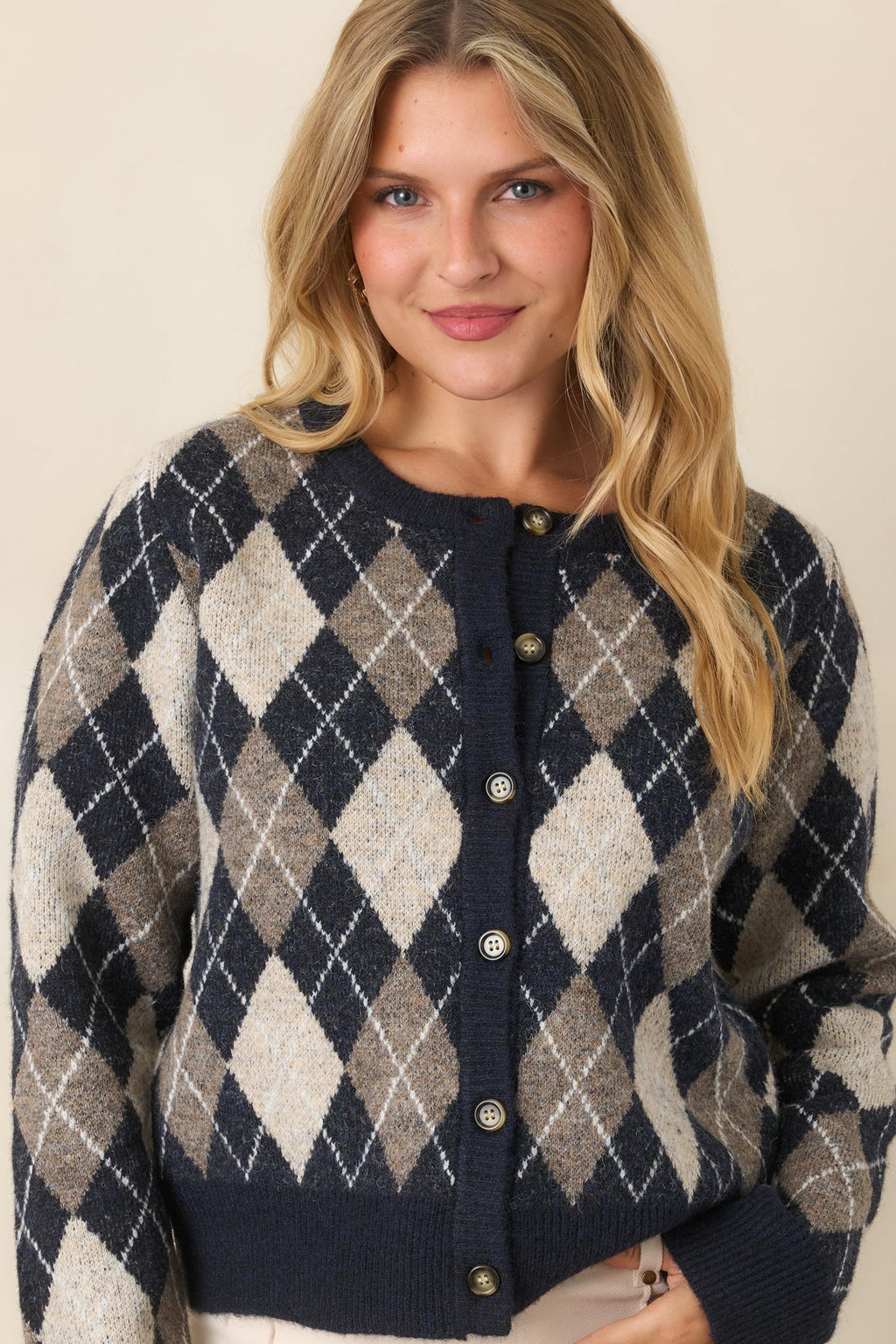 First in Class Navy Multi Argyle Knit Cardigan