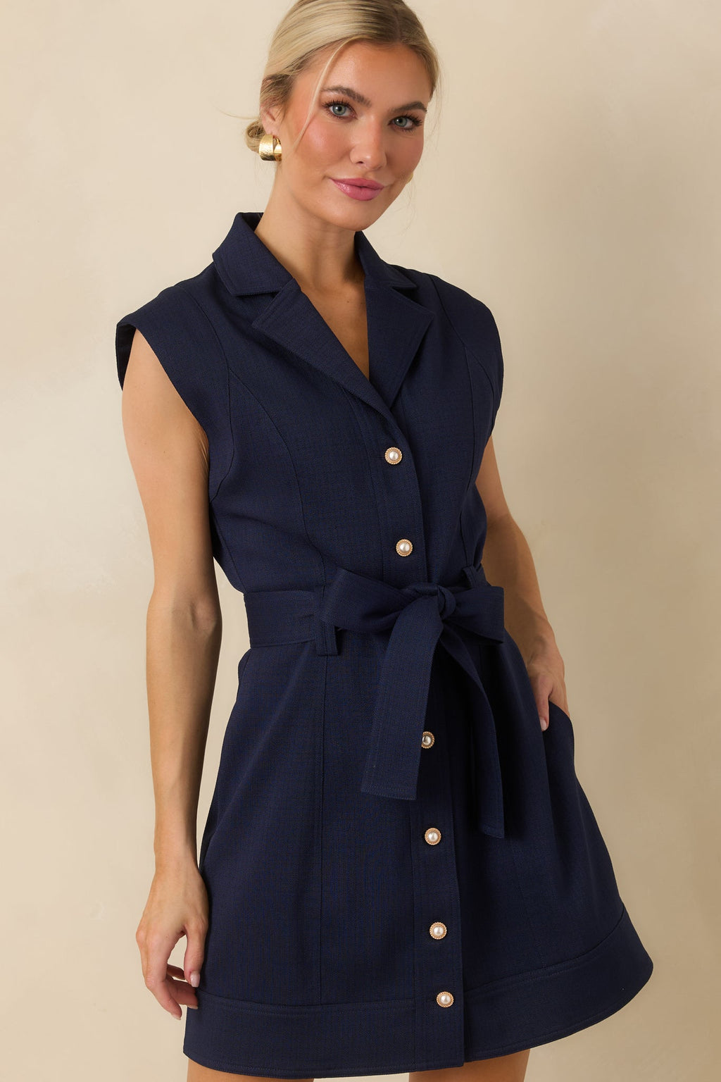 Prosperina Jackie Navy Blue Belted Button Front Mini Dress