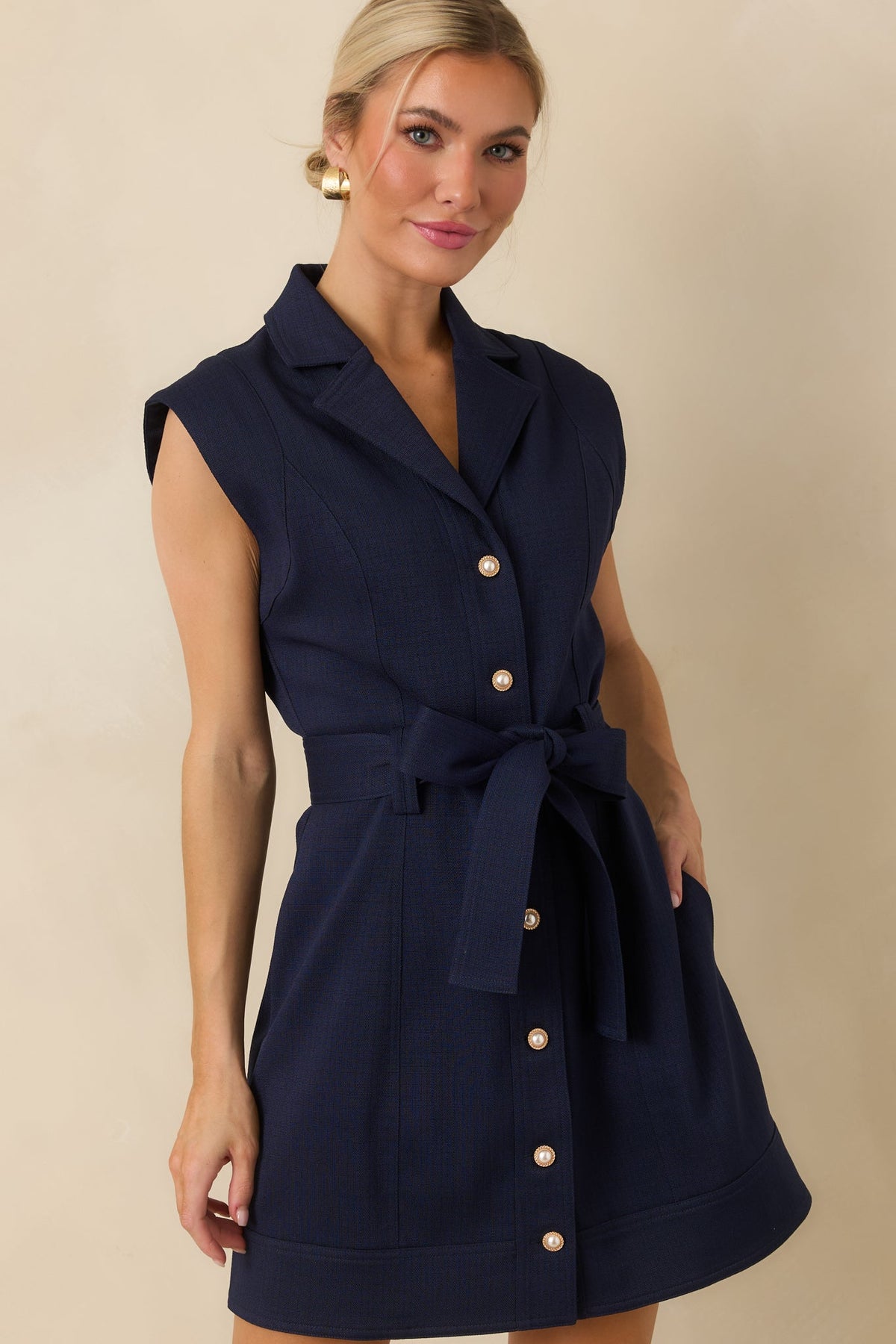 Prosperina Jackie Navy Blue Belted Button Front Mini Dress