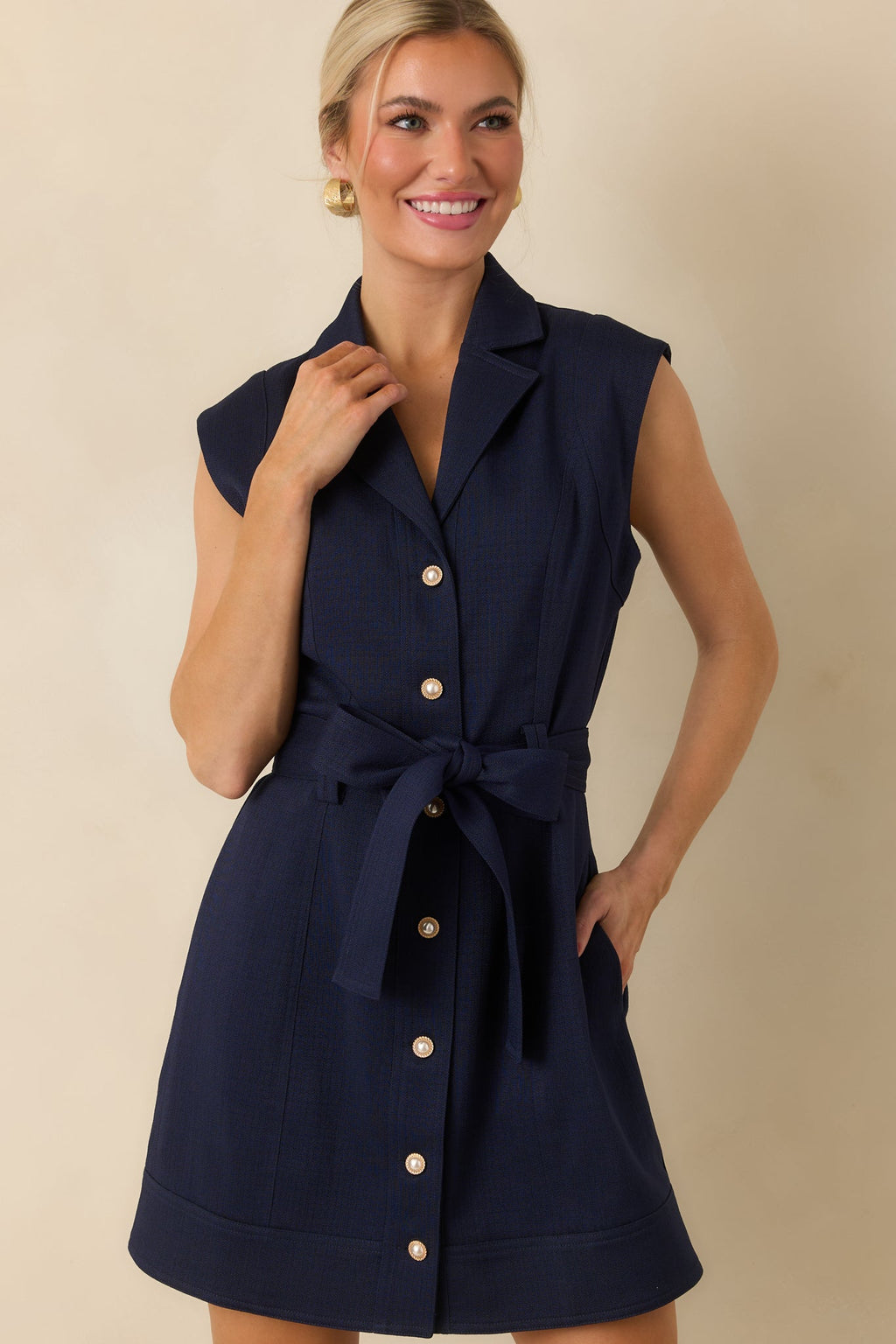 Prosperina Jackie Navy Blue Belted Button Front Mini Dress