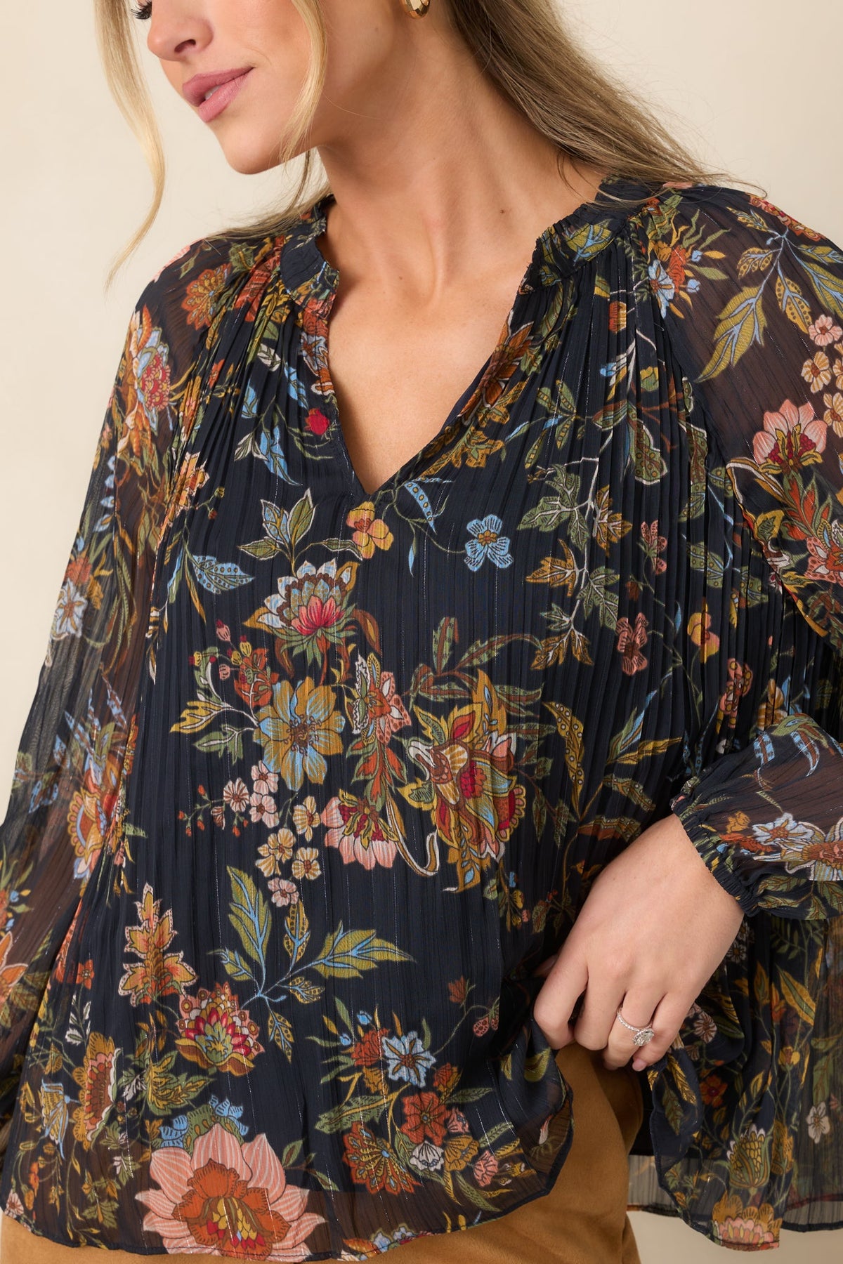 Under Evening Skies Navy Multi Floral Pleated Blouse