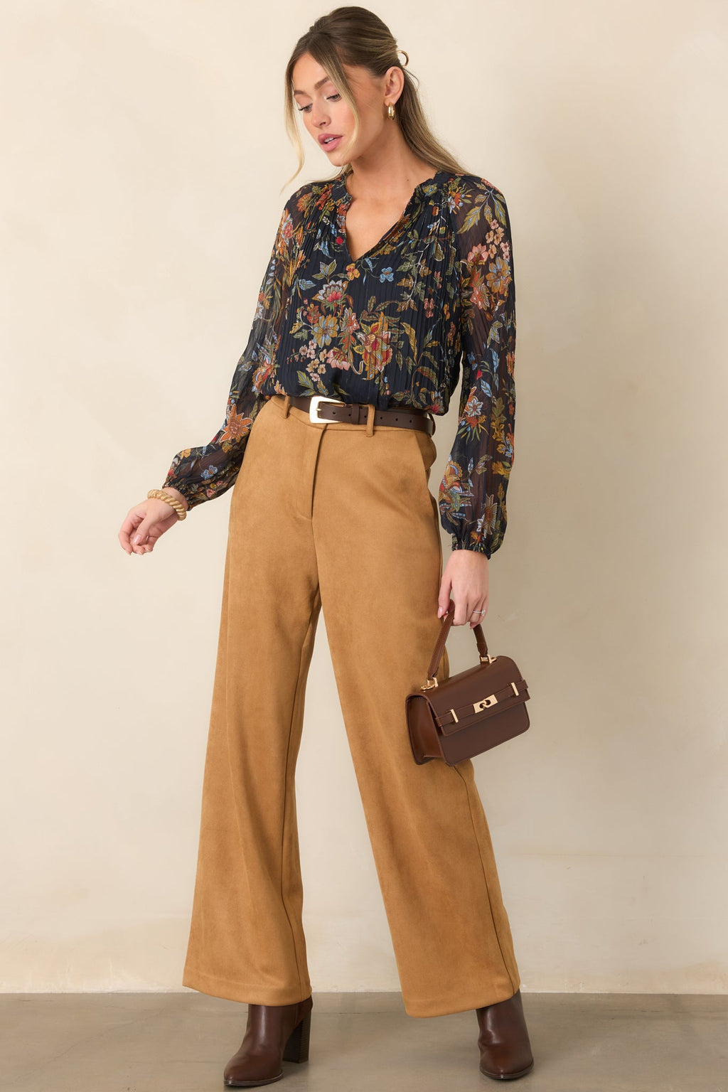 Under Evening Skies Navy Multi Floral Pleated Blouse