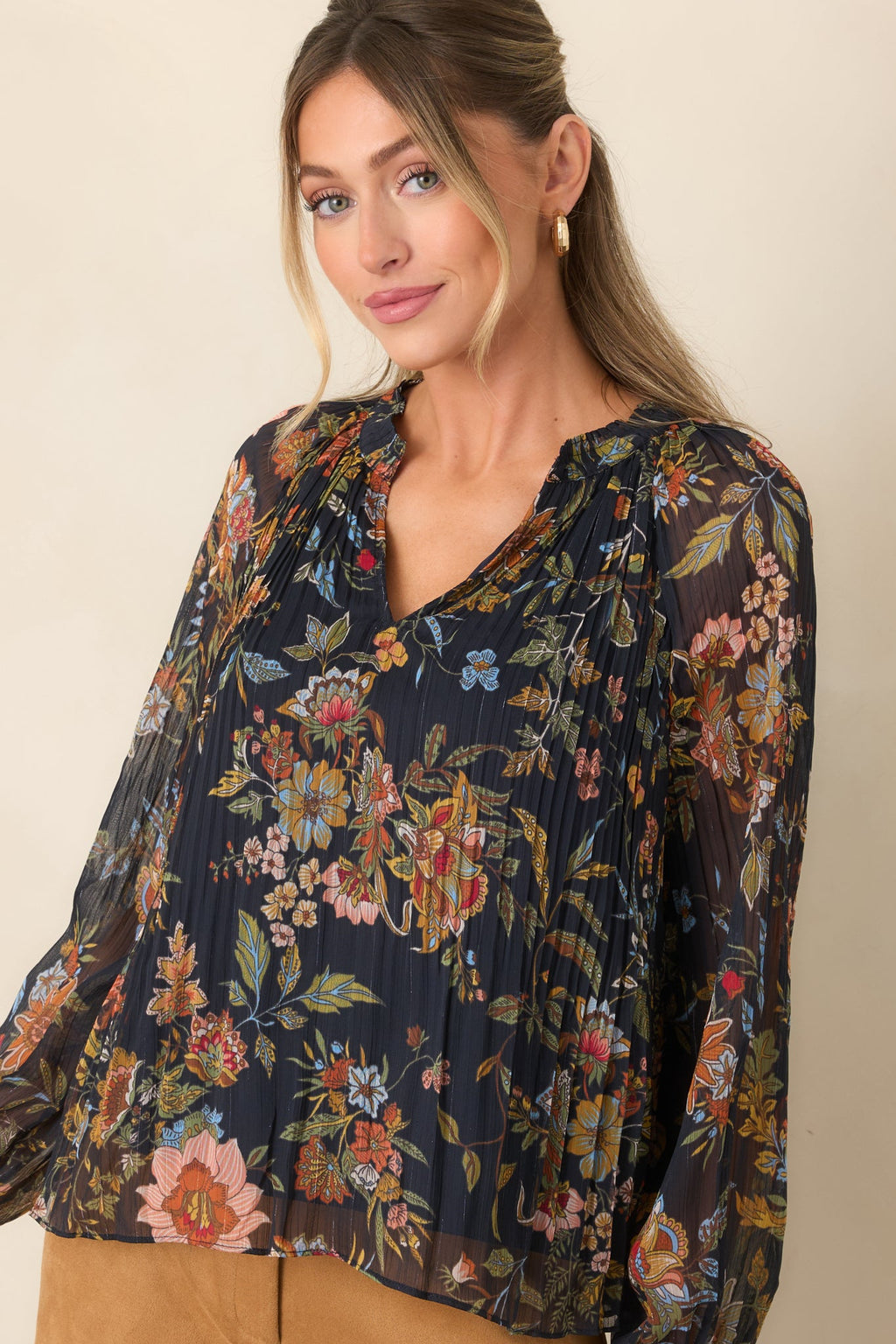 Under Evening Skies Navy Multi Floral Pleated Blouse