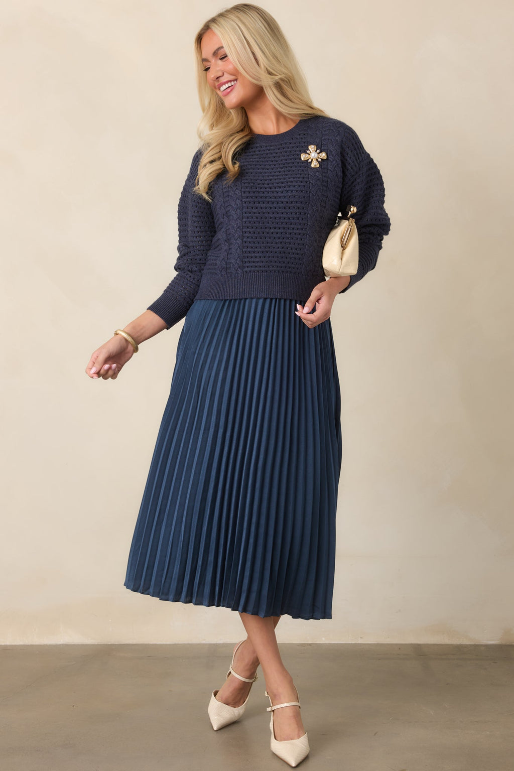 Take A Little Time Navy Knit Sweater Satin Midi Dress Set