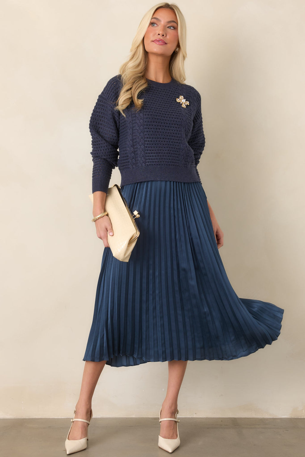 Take A Little Time Navy Knit Sweater Satin Midi Dress Set