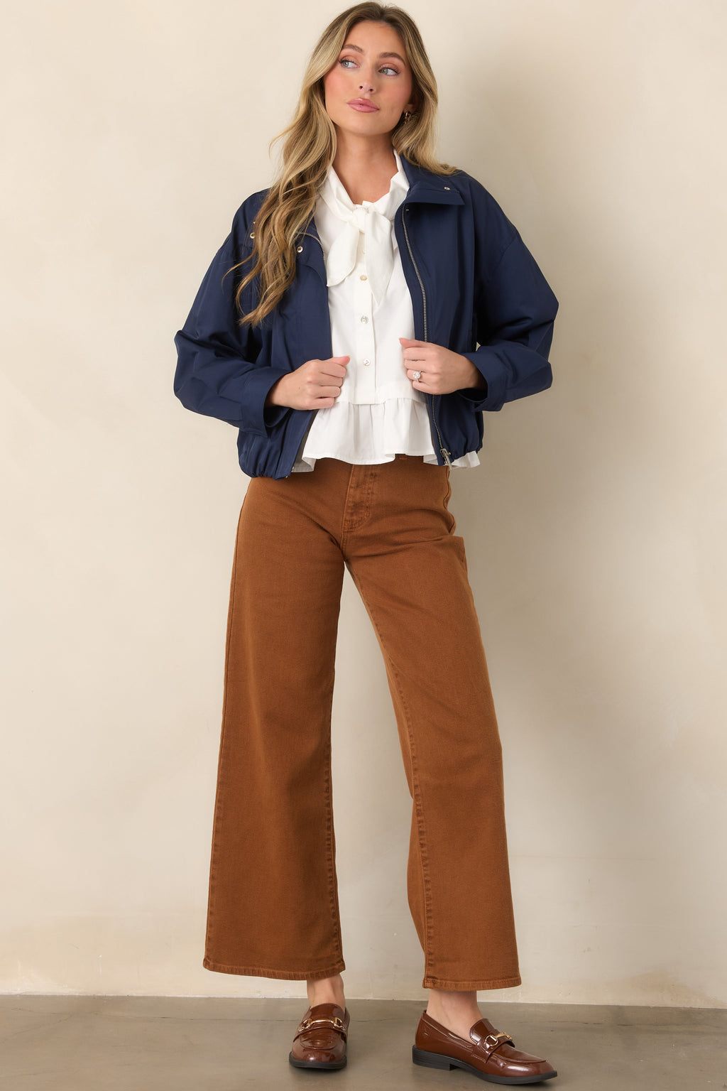 Smooth Finish Navy Blue Zip Up Bomber Jacket