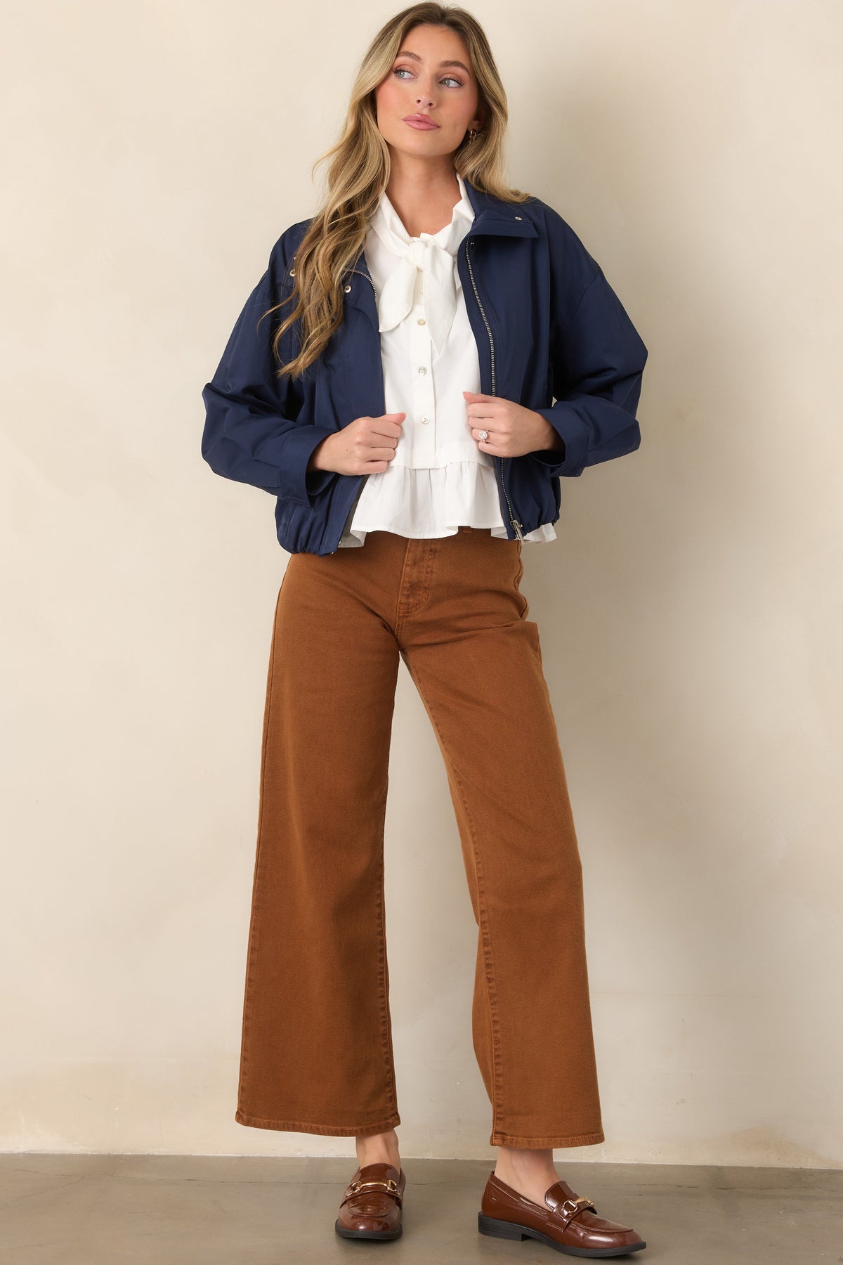 Smooth Finish Navy Blue Zip Up Bomber Jacket