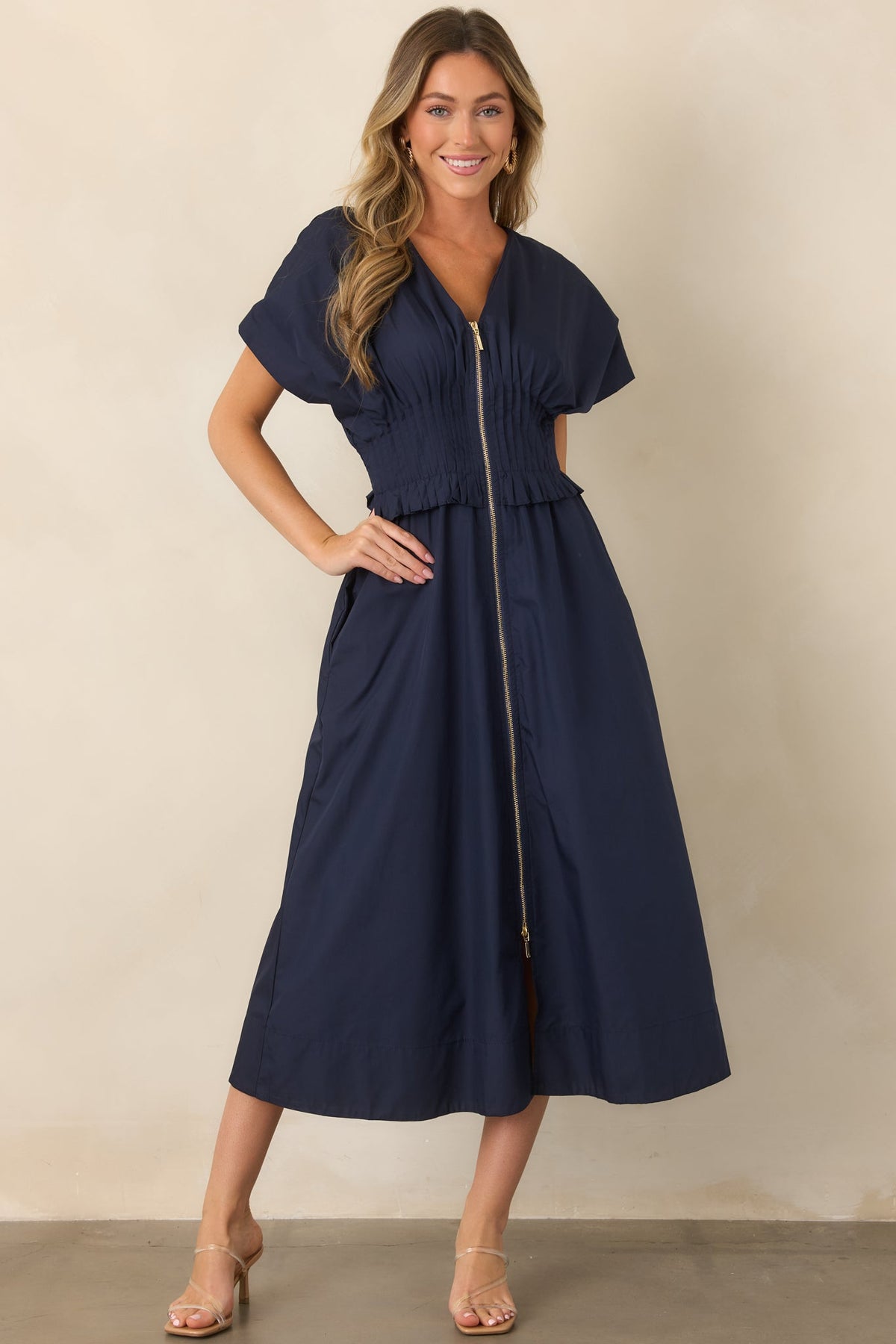 Let It Be Easy Navy Smocked Waist Zip Maxi Dress