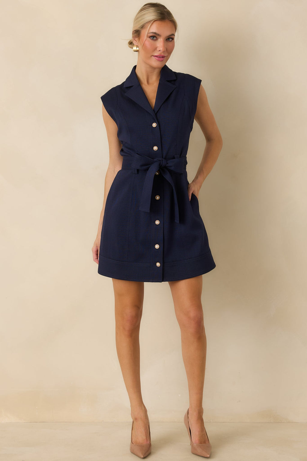 Prosperina Jackie Navy Blue Belted Button Front Mini Dress