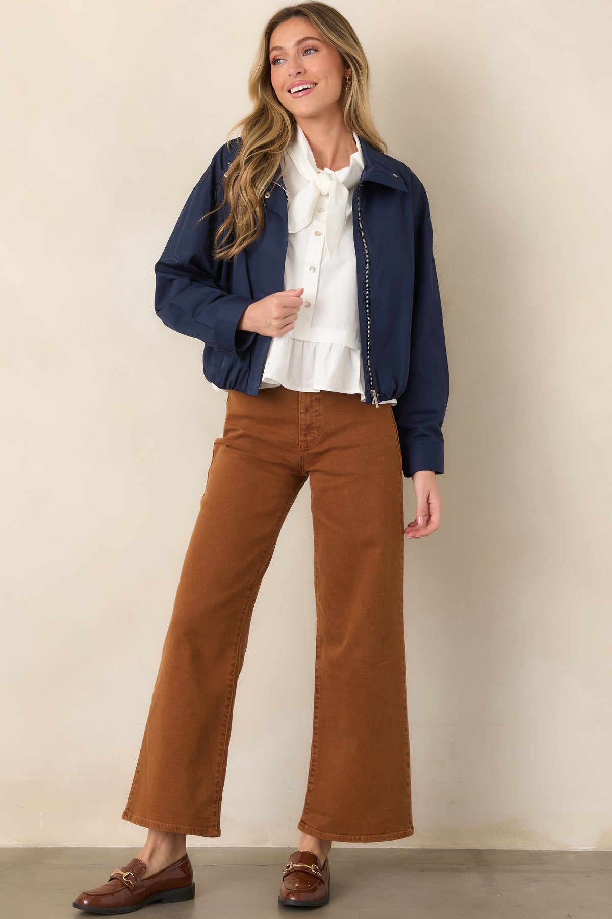 Smooth Finish Navy Blue Zip Up Bomber Jacket