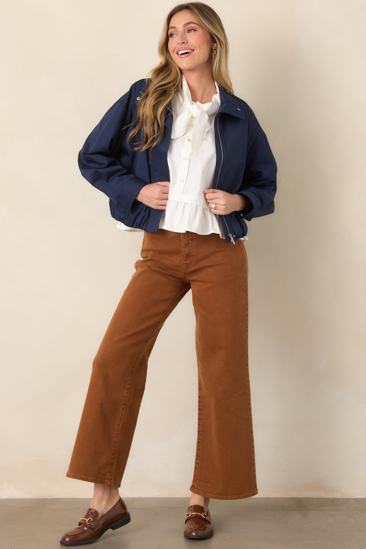 Smooth Finish Navy Blue Zip Up Bomber Jacket