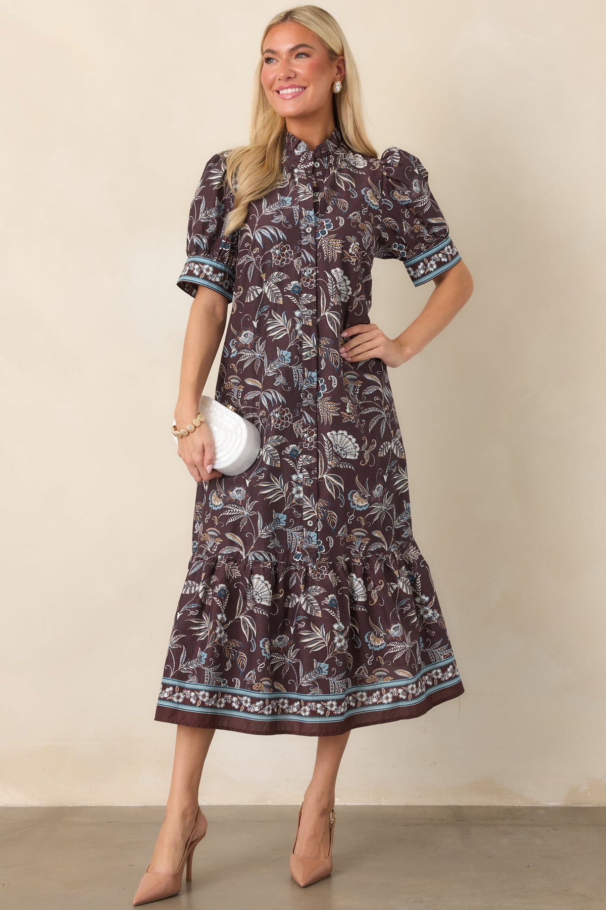 Woodland Romance Dark Brown Floral Cotton Midi Dress