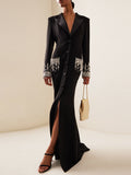 Women Maxi Fishtail Dress Gown Black with Luxury Hand Sewn Diamonds Jewellery