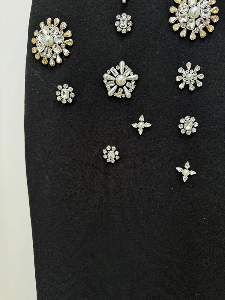 Celebrity-Inspired Black Beaded Rhinestone Bodycon Maxi Gown Dress