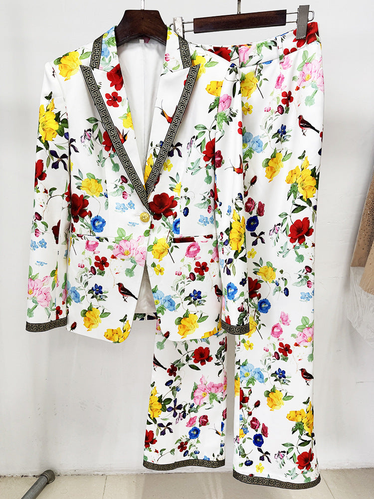 Designer Inspired Floral White Blazer & Pants Trousers Set Suit