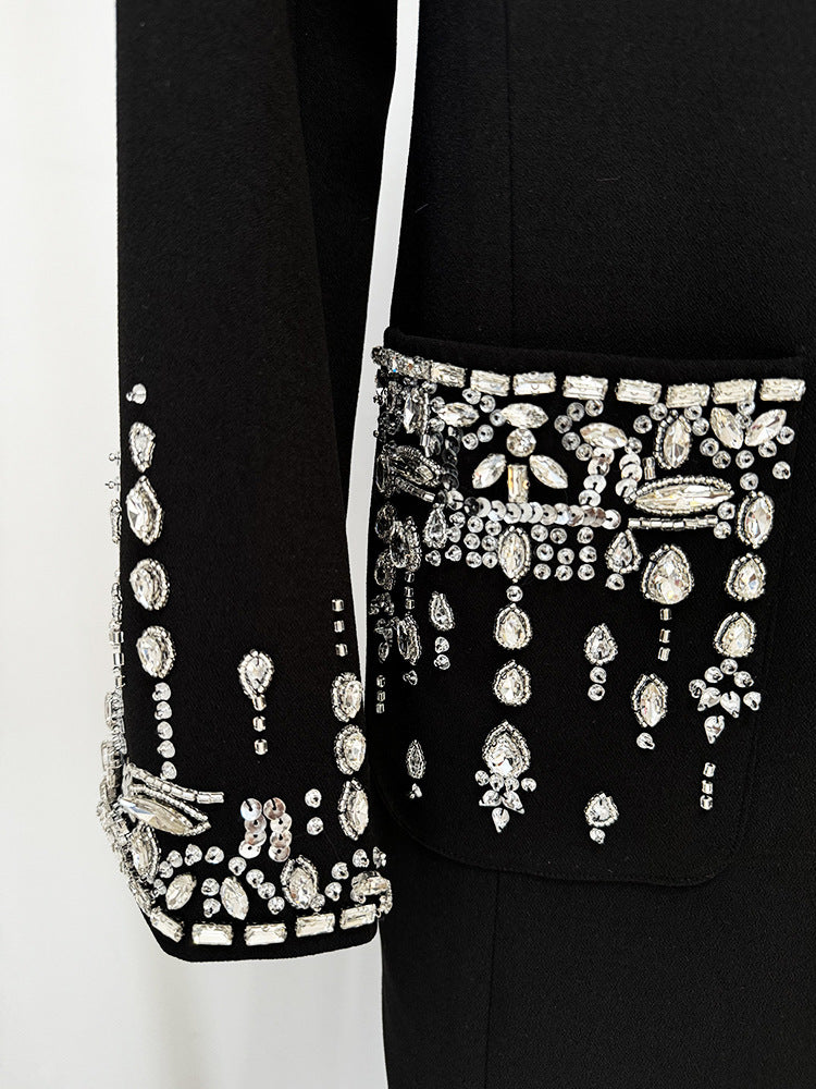 Women Maxi Fishtail Dress Gown Black with Luxury Hand Sewn Diamonds Jewellery