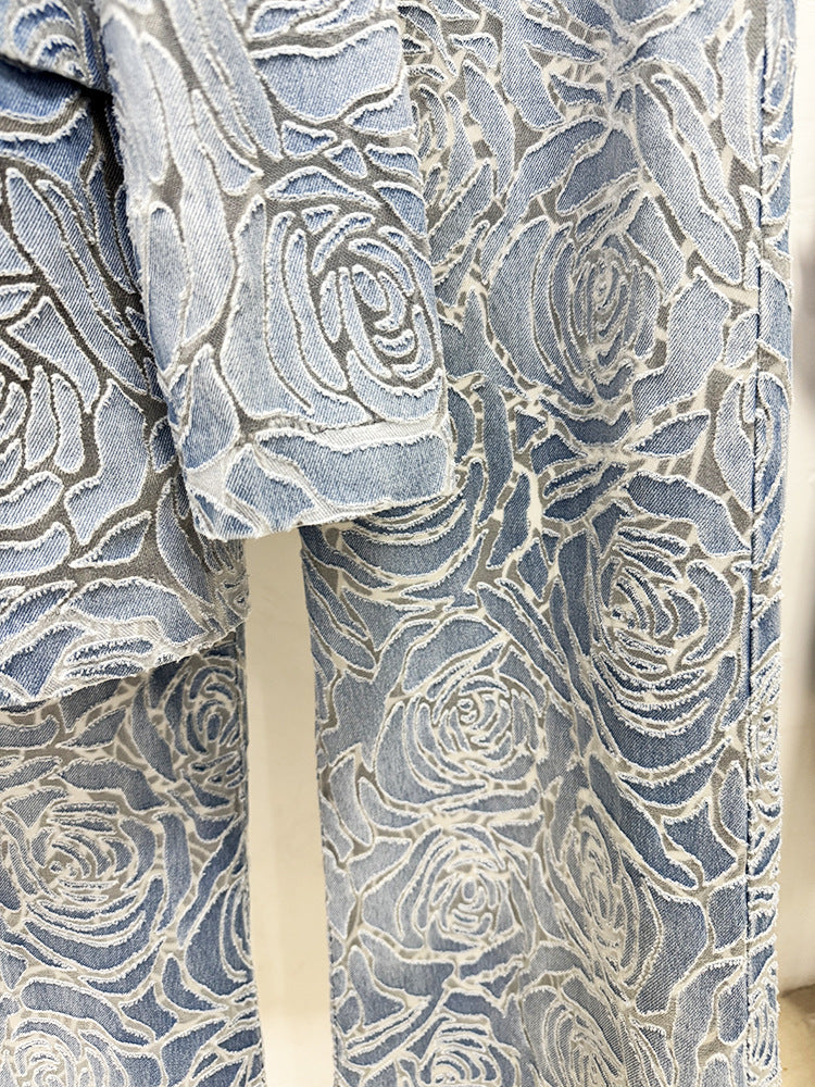 Women’s Floral Denim Suit Set – Vintage Rose Embossed Blazer & Wide Leg Pants Matching Set | Elegant Two Piece Denim Outfit