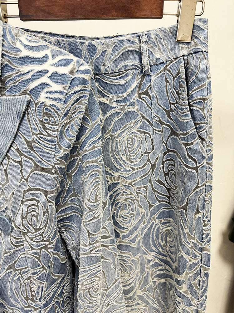 Women’s Floral Denim Suit Set – Vintage Rose Embossed Blazer & Wide Leg Pants Matching Set | Elegant Two Piece Denim Outfit