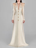 Women Beige Extra Long Gown Maxi Dress with 3D Flowers Decoration Shawl Collar