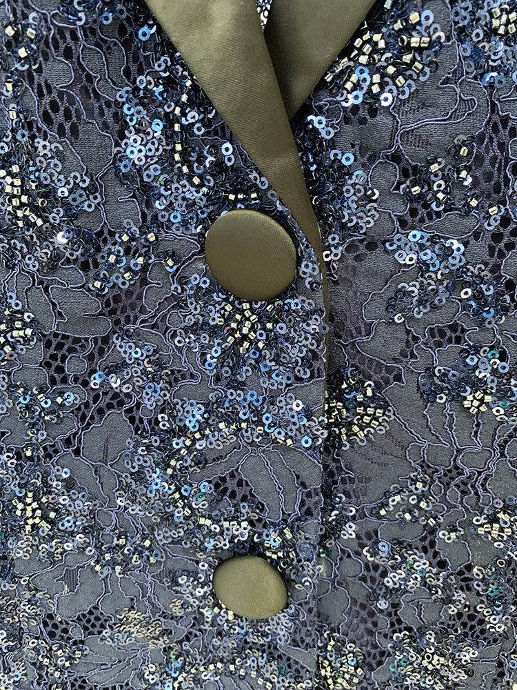Women Sequinned Mesh Lace Bohemian Style+ Flare Trousers Pants Navy Suit