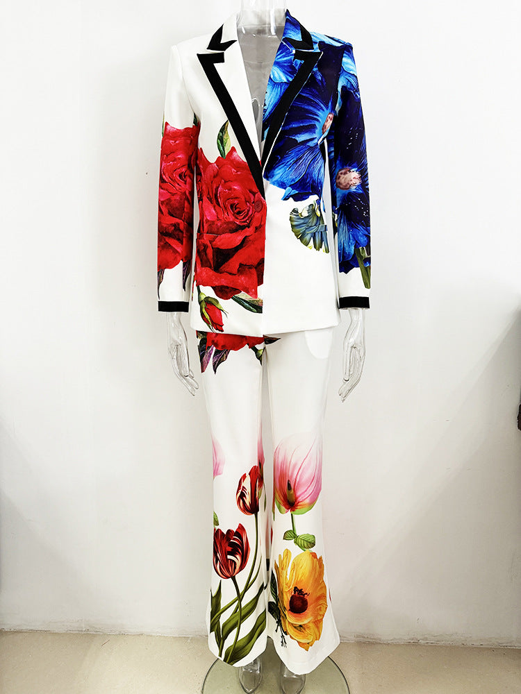 Women Multi-Color Flowers Pants Suit Fitted Blazer + Flare Trousers