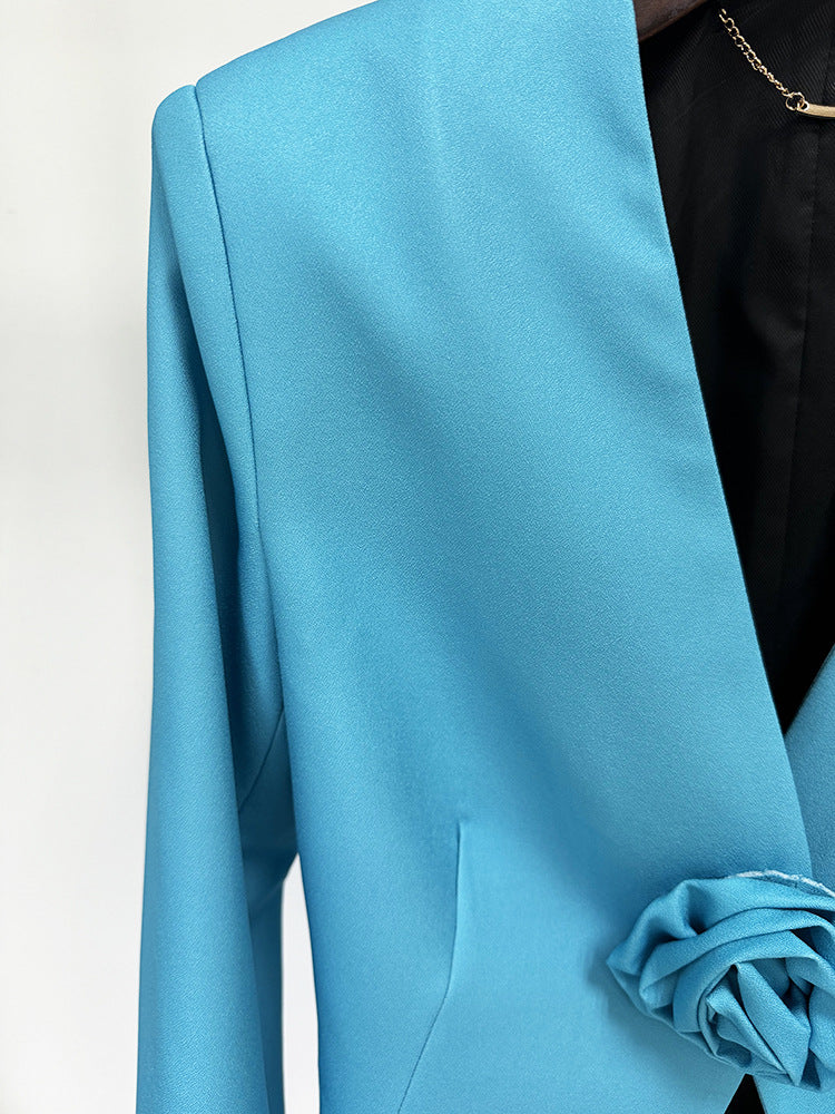 Women Pants Suit Blue 3D Flower Fitted Blazer + Flare Trousers Pants Suit