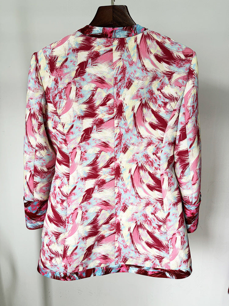 Women's Hot Pink Feather Floral 3/4 Sleeves  Jacket + Flare Trousers Pants Suit