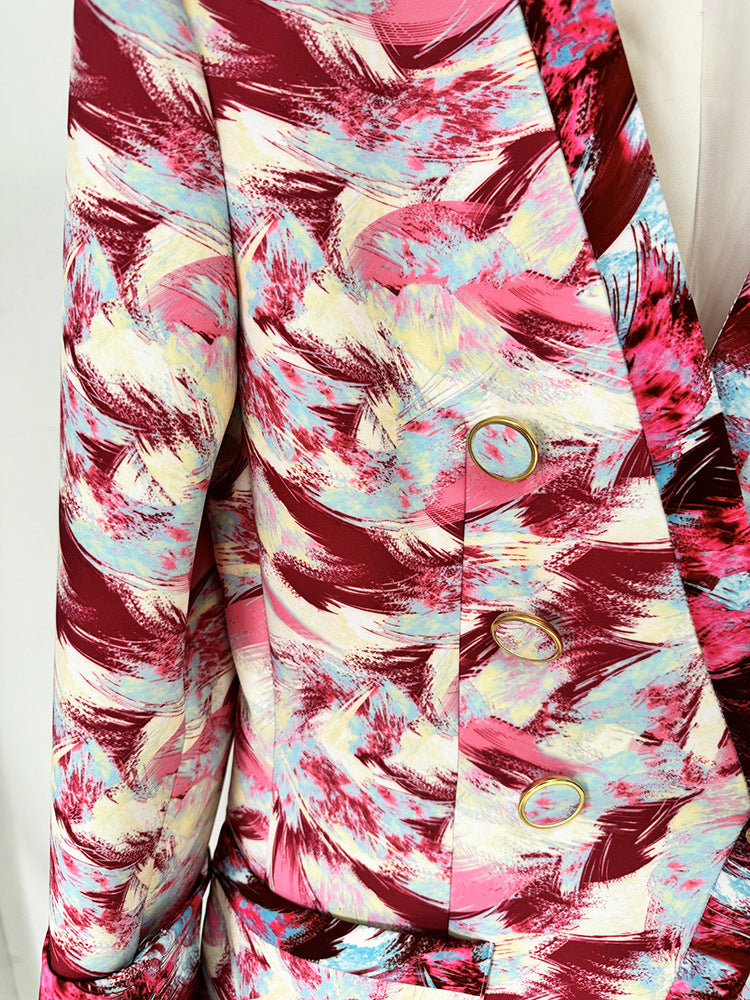Women's Hot Pink Feather Floral 3/4 Sleeves  Jacket + Flare Trousers Pants Suit