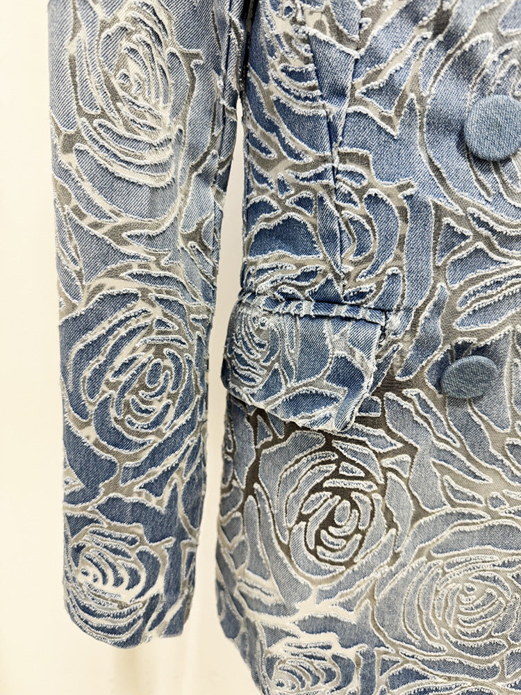 Women’s Floral Denim Suit Set – Vintage Rose Embossed Blazer & Wide Leg Pants Matching Set | Elegant Two Piece Denim Outfit