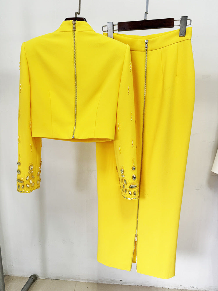 Women Luxury Big jewellery Crop Top + Long Skirt Skirt Suit Yellow, White, Black