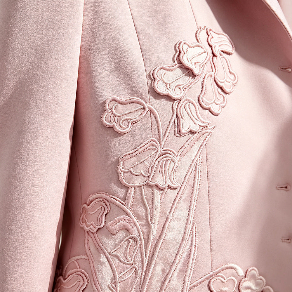 Pink Floral Embroidered Women’s Suit – Elegant Blazer and Trousers Set