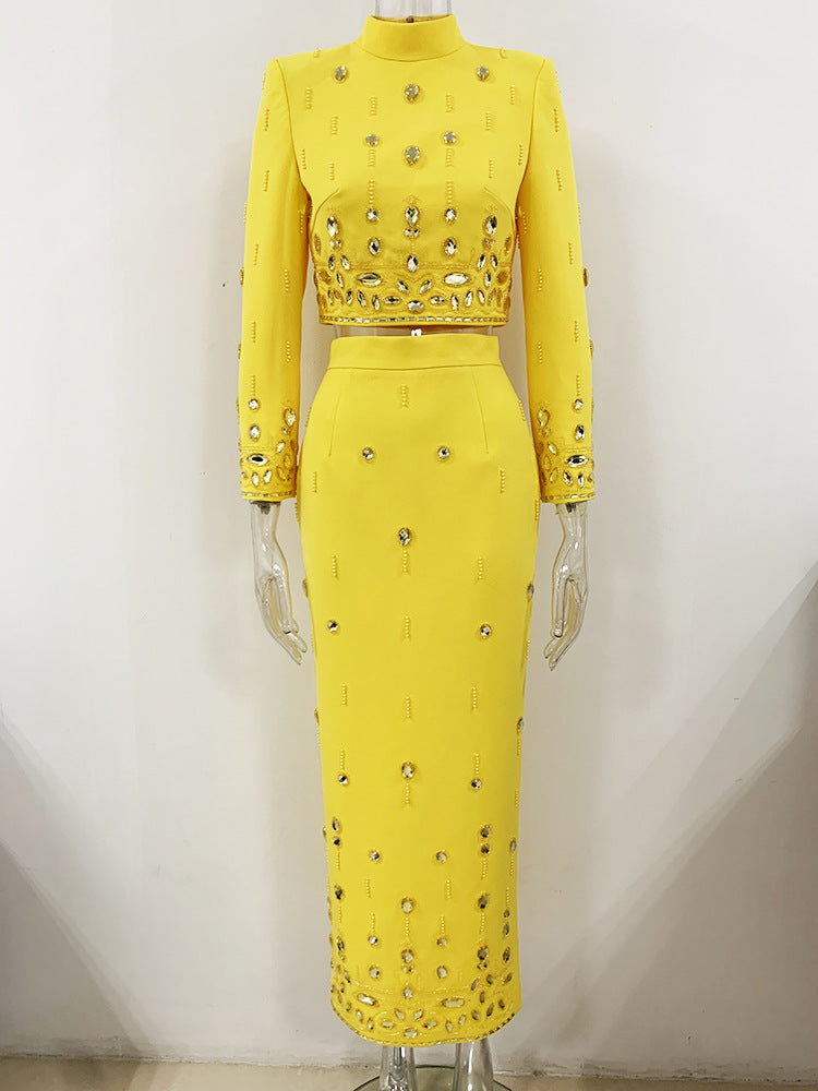 Women Luxury Big jewellery Crop Top + Long Skirt Skirt Suit Yellow, White, Black